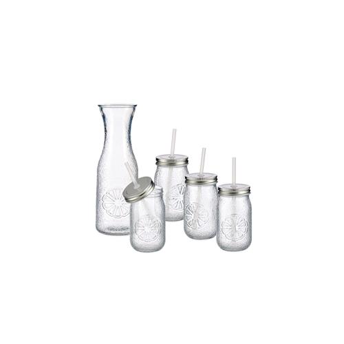 5tlg Set Vivalto Lima Karaffe + 4x Glas mit Deckel und Strohhalm