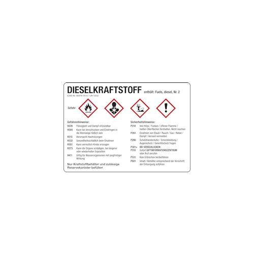 Gefahrstoffetikett, Dieselkraftstoff, Folie, mit H- und P-Sätzen /GHS/CLP/GefStoffV – 105×74 mm Folie selbstklebend