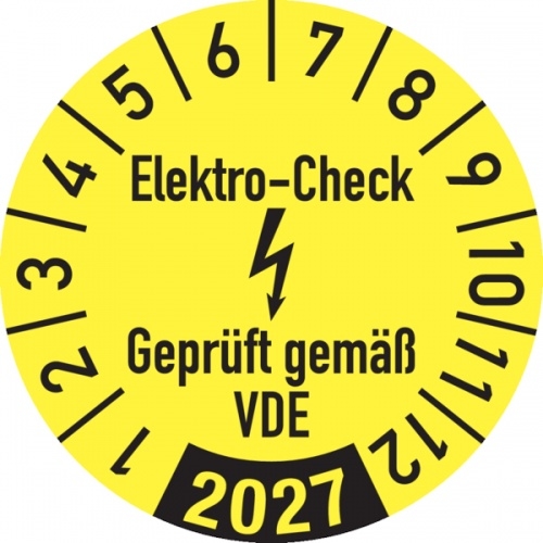 König Werbeanlagen Jahresprüfplakette ab 27, Elektro-Check Geprüft gem. VDE, gelb/schwarz, Folie, Ø 30 mm - Bogen = 10 Stk. - 30 mm Folie selbstklebend Image