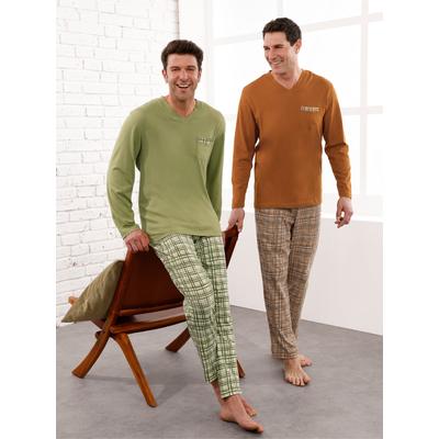 Schlafanzug KINGS CLUB, Herren, Gr. 56/58, grün (cognac, kariert, schilf, kariert), 100% Baumwolle, Homewear-Sets Image