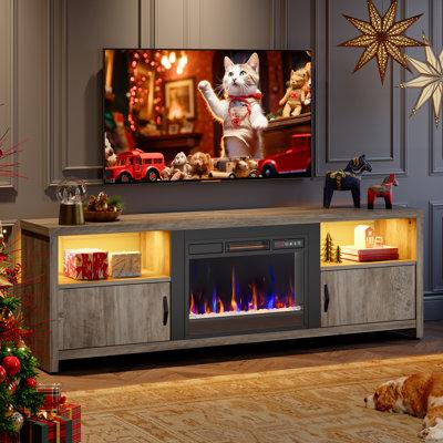 Wade Logan® Brahma LED Fireplace TV Stand for 75 inch TV, Modern Entertainment Center w/ Storage Cabinets in Gray | Wayfair