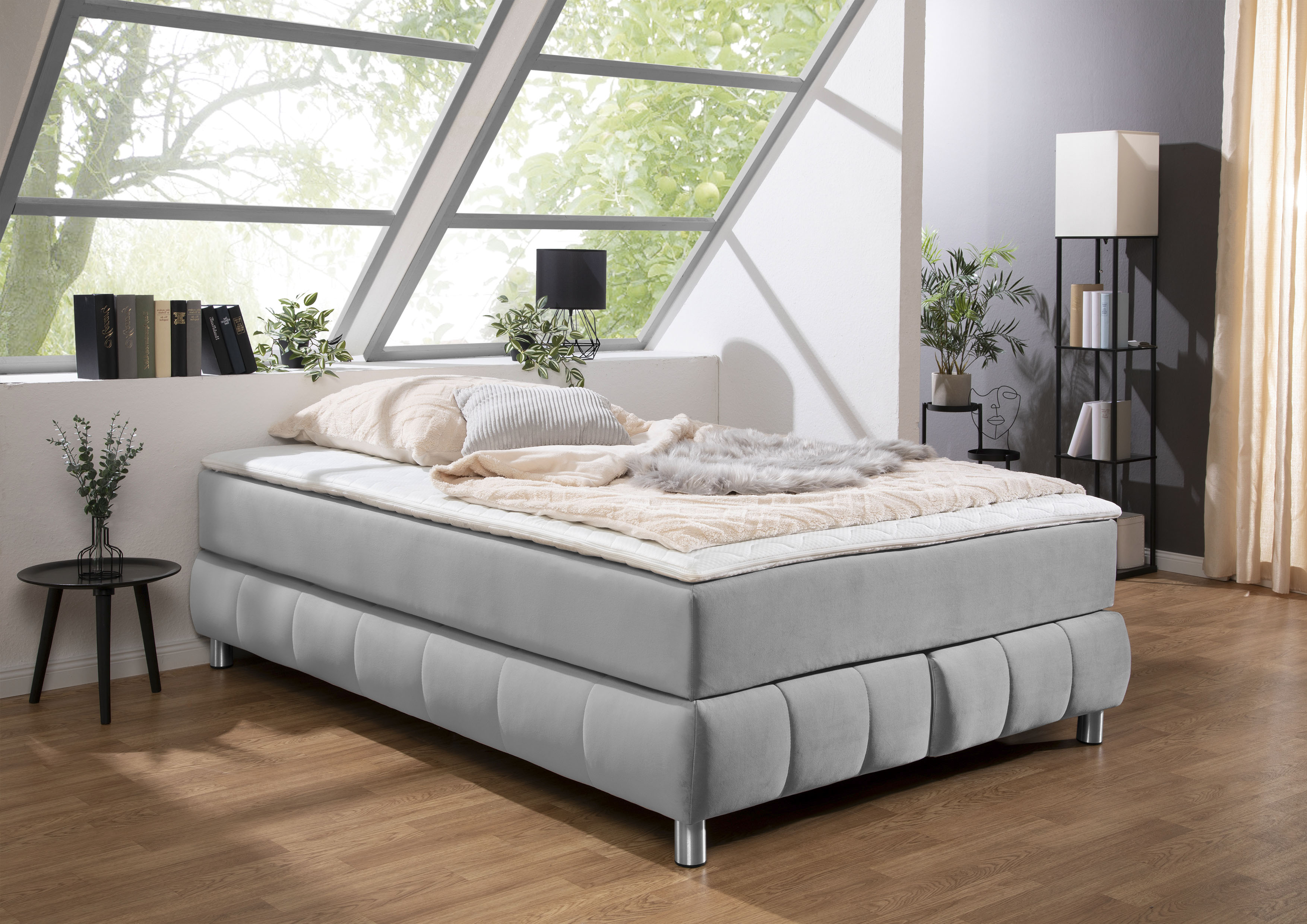 Boxspringbett ANDAS "Salo", grau (hellgrau), B:146cm L:206cm, Komplettbetten, Boxspringbett, Ohne Kopfteil, inkl. Topper, auch in Überlänge 220 cm Image