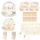 First Trip Inspired Around the Sun Birthday Party Supplies Set for 24 Guests, 122pcs Boho Sun 1st Birthday Paper Plates Napkins Cups Orange Forks and Table Cloth, Sunshine Party Supplies