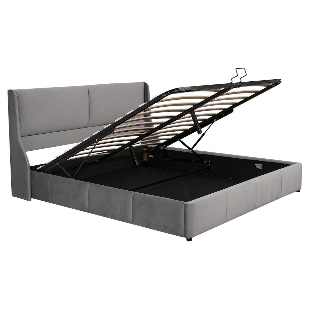 Merax Hydraulisches Polsterbett 180x200 Stauraumbett Ohrform Doppelbett aus Samt mit Kissenkopfteil & Lattenrost Grau Image