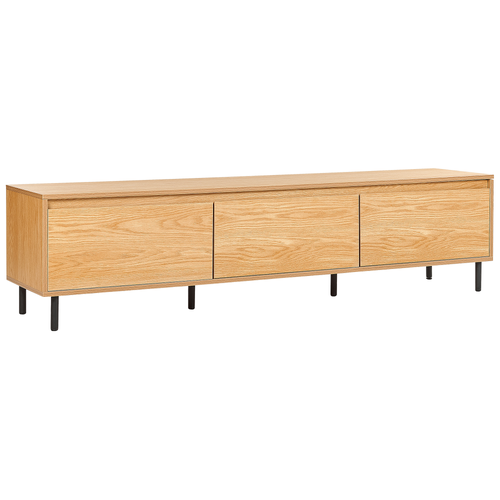 Modernes, minimalistisches TV-Möbel, Schrank aus Metall mit 3 Fächern aus hellem Holz
