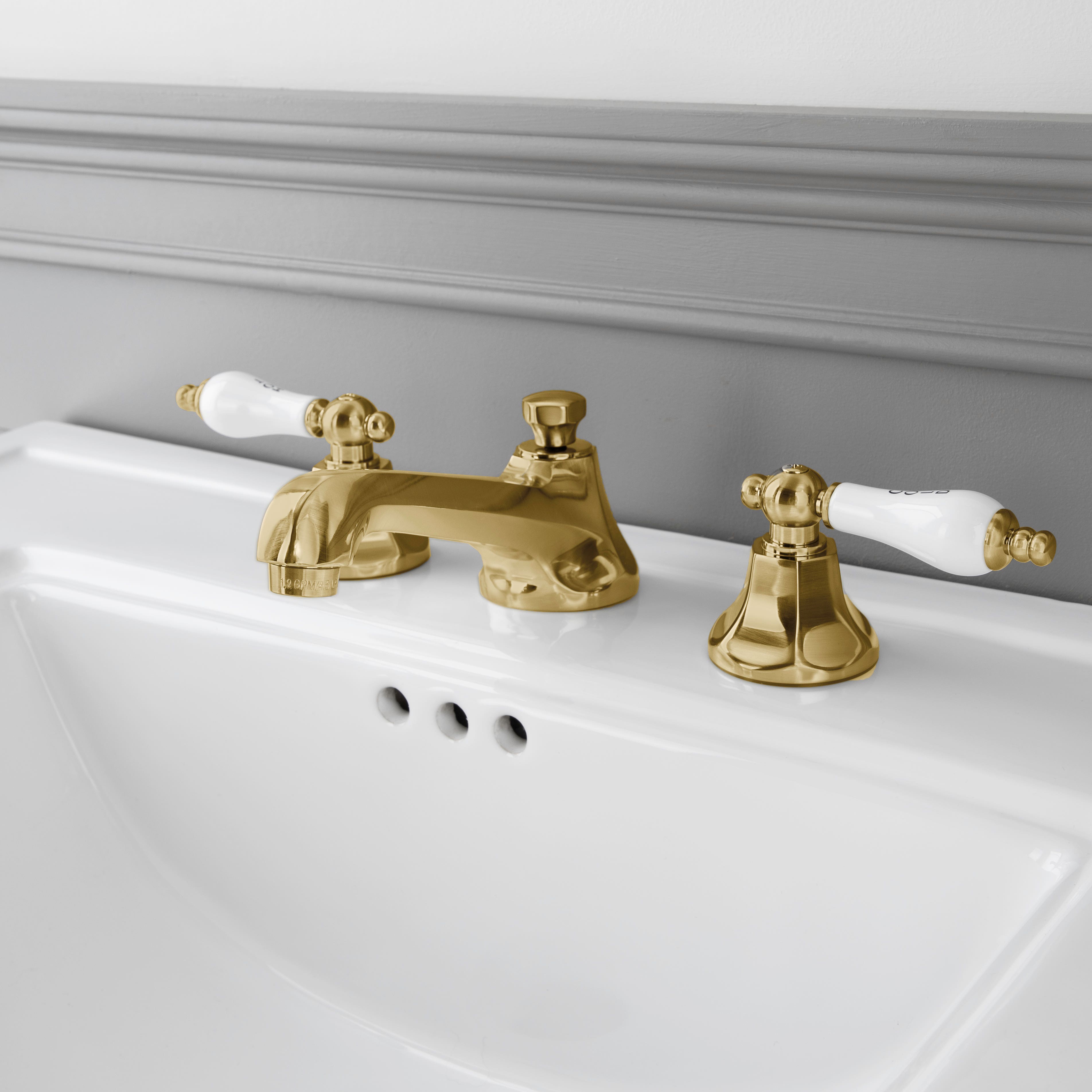 Randolph Morris Randolph Morris Deco Widespread Bathroom Sink Faucet - Porcelain Lever Handles - Brushed Brass RMB616PL-BB