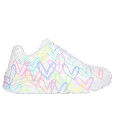 Skechers Girl's JGoldcrown: Uno Lite - Spread the Love Sneaker | Size 11.0 | White/Pink Turquoise | Synthetic | Machine Washable