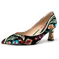 SHOWFOREST Women Mid Heel Bridal 2.5 Inch Dress Kitten Slip On Pointed Toe Court Shoes Black Floral Fabric Size 6