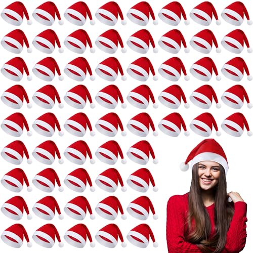 Shojoy 60 Pack Christmas Santa Hat Bulk with White Cuffs Non-woven Decorative Santa Costume Hat Christmas Party Hats for Christmas Party Supplies Cosplay Performance, Red