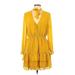 BB Dakota Casual Dress - Mini Plunge Long sleeves: Yellow Print Dresses - Women's Size Large