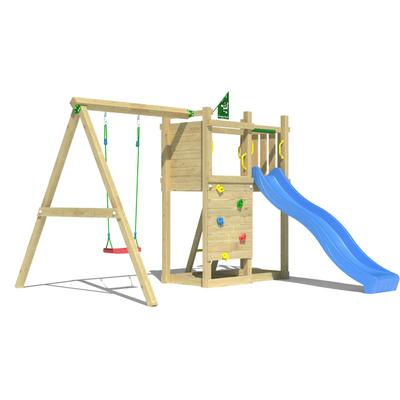 Spielturm JUNGLE GYM "Deck", blau, Spieltürme, KinderB:296cm H:232cm T:342cm, Holzwerkstoff, Spielanlage mit Schaukel und Rutsche mit Wasseranschluss, B:296cm H:232cm T:342cm
