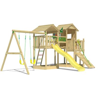 Spielturm JUNGLE GYM "Stronghold", gelb, Spieltürme, KinderB:394cm H:310cm T:626cm, Holzwerkstoff, Spielanlage mit 2 Türmen, Schaukel und Rutsche mit Wasseranschluss, B:394cm H:310cm T:626cm