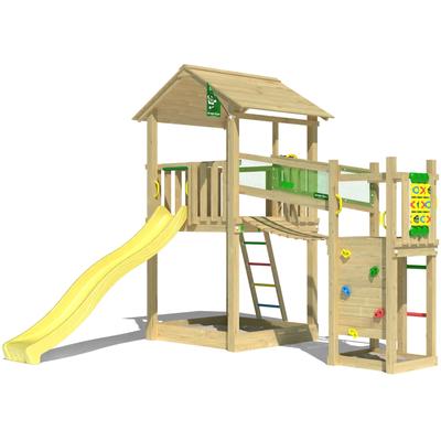 Spielturm JUNGLE GYM "Fortress", gelb, Spieltürme, KinderB:373cm H:318cm T:397cm, Holzwerkstoff, Spielanlage mit 2 Türmen, Brücke und Rutsche mit Wasseranschluss, B:373cm H:318cm T:397cm
