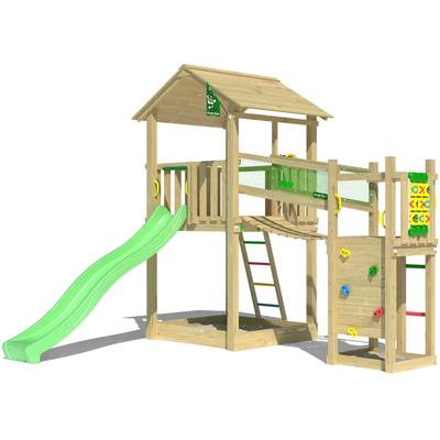 Spielturm JUNGLE GYM "Fortress", grün (hellgrün), Spieltürme, KinderB:373cm H:318cm T:397cm, Holzwerkstoff, Spielanlage mit 2 Türmen, Brücke und Rutsche mit Wasseranschluss, B:373cm H:318cm T:397cm