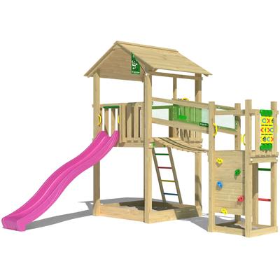 Spielturm JUNGLE GYM "Fortress", pink (fuchsia), Spieltürme, KinderB:373cm H:318cm T:397cm, Holzwerkstoff, Spielanlage mit 2 Türmen, Brücke und Rutsche mit Wasseranschluss, B:373cm H:318cm T:397cm