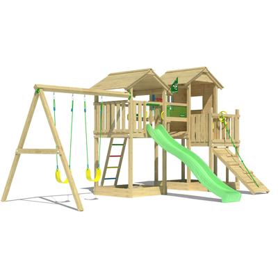 Spielturm JUNGLE GYM "Stronghold", grün (hellgrün), Spieltürme, KinderB:394cm H:310cm T:626cm, Holzwerkstoff, Spielanlage mit 2 Türmen, Schaukel und Rutsche mit Wasseranschluss, B:394cm H:310cm T:626cm