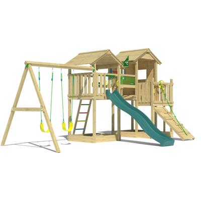 Spielturm JUNGLE GYM "Stronghold", grün (dunkelgrün), Spieltürme, KinderB:394cm H:310cm T:626cm, Holzwerkstoff, Spielanlage mit 2 Türmen, Schaukel und Rutsche mit Wasseranschluss, B:394cm H:310cm T:626cm
