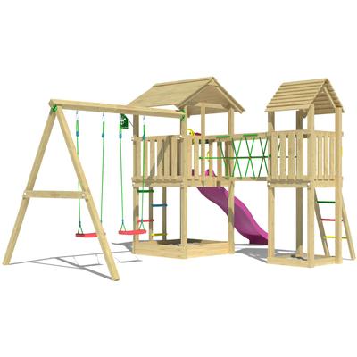 Spielturm JUNGLE GYM "Nova", pink (fuchsia), Spieltürme, KinderB:524cm H:280cm T:350cm, Holzwerkstoff, Spielanlage mit 2 Türmen, Schaukel und Rutsche mit Wasseranschluss, B:524cm H:280cm T:350cm