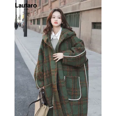 Lautaro Autumn Winter Long Oversized Warm White Patchwork Plaid Wool Blends Trench Coats Women with Hood Runway Korean Fashion