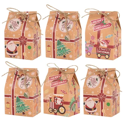 10/20pcs Kraft Paper Candy Box House Shape Cookie Gift Packaging Boxes 2024 New Year Party Xmas Tree