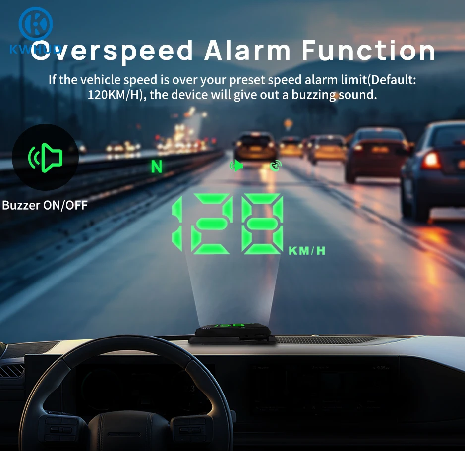KWHUD Head-up Display Car Hud GPS Digital Speedometer Universal Over-speed Alarm Speed Meters with Compass KM/H MPH USB Powered
