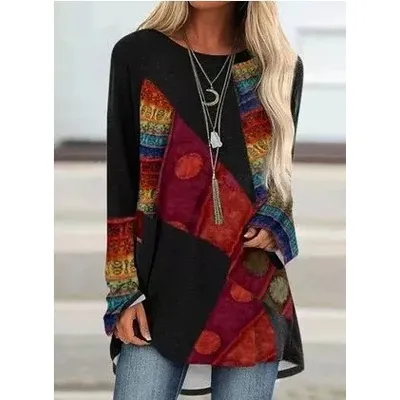 Women's T shirt Color Block 3d Print T-shirt Women Fashion T-shirt Ladies Tshirt Graffiti T Shirt Tunic Tops Tees Long Sleeve