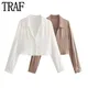 TRAF White Cropped Shirt Women Satin Long Sleeve Blouse Women Elegant Summer Blouses Woman 2023