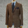 Men's Suit Brown Blazer Prom Tuxedos Herringbone Wool Tweed Single Breasted Formal Bussiness Jacket