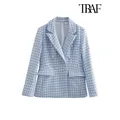 TRAF Women Fashion Houndstooth Double Breasted Tweed Blazer Coat Vintage Long Sleeve Flap Pocket