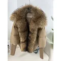 2023 Large Real Silver Fox Fur Collar with Knit Sleeve Winter Women Coat White Duck Down Jacket