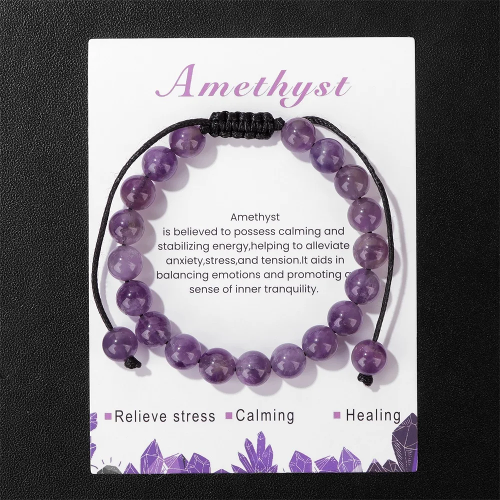 Neues Naturstein-Amethyst-Armband mit Karte, 8 mm, rosa Quarz, Fluorit-Perlen, verstellbar, für Damen und Herren, Paarschmuck Image