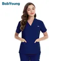 Men Women Scrub Nursing Uniform Nurse Blouse Short Sleeve V-neck Scrub Tops with Pocket Spa Shirt