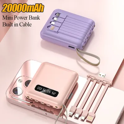 Mini Power Bank 20000 mAh mit 4 Kabel Handy Externes Ladegerät für iPhone Samsung Huawei Xiaomi Tragbare Powerbank