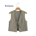 Willshela Women Fashion With Beading Army Green Lace Up Vest Sleeveless Jackets Vintage V-Neck
