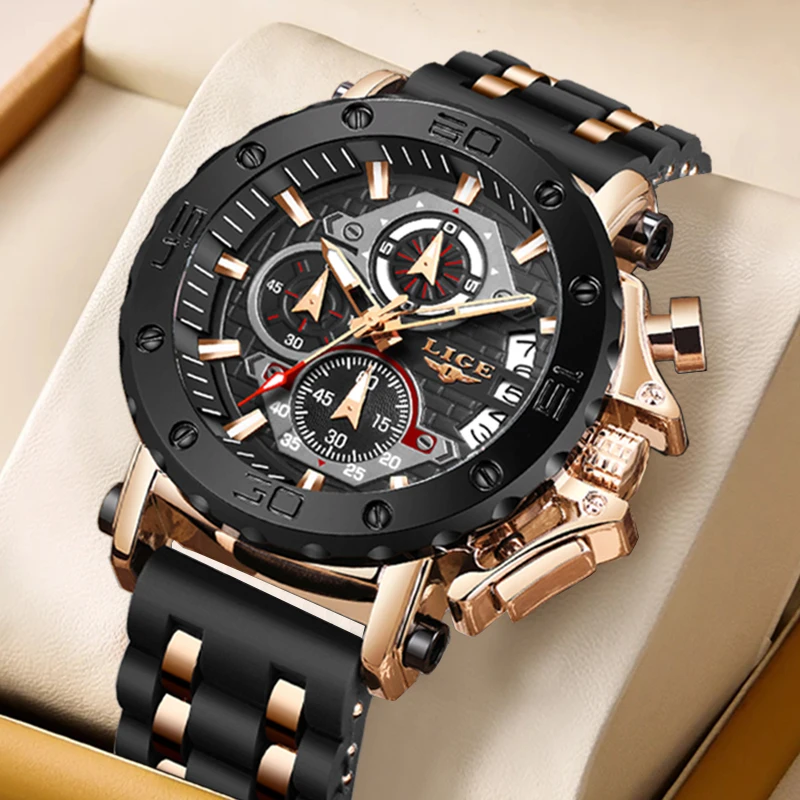 LIGE 2023 Neue Mode Leder Uhr Für Männer Sport Quarz Chronograph Armbanduhren Top Luxus Militär Uhr Männer Montre Homme + BOX Image