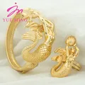 YM African Gold Color Bangles with Ring Nigeria Bride Wedding Banquet Charm Mermaid Bracelet Jewelry