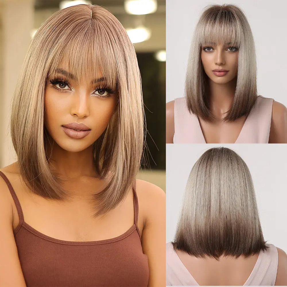 Braune blonde Ombre kurze Bob Perücken für Frauen Cosplay synthetische Perücke mit Pony dunkle Wurzeln grau Natur haar Perücke hitze beständig