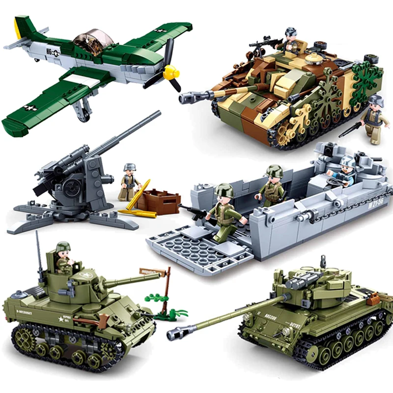 SLUBAN WW2 Militär Normandie Landung Panzer Flugzeuge Jeep Boot Modell Bausteine Soldat Sets Puppen Ziegel Kinder Spielzeug Geschenke Image