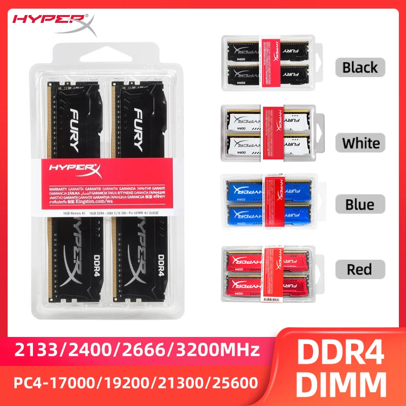HyperX Fury Memoria DDR4 16 GB (2 x 8 GB) 32 GB (2 x 16 GB) Kit RAM 3200 MHz 2666 MHz 2400 MHz 2133 MHz Desktop-RAM 1,2 V DIMM PC-21300 25600 Image