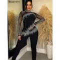 Beyprern Elegante Schwarz Strass Nieten Overalls Frauen Strampler Glitter Mock Neck Mesh Kristall