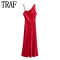 Traf rot satin kleid frau asymmetrisch ärmelloses langes kleid frauen sommer sexy rücken freie