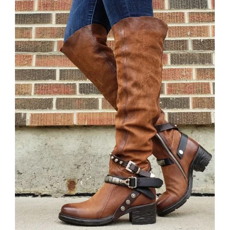 Damen Winter Leder Punk-Stil Kniestiefel Vintage Damenstiefel mit Reißverschluss und Gürtelschnalle Plus Size Schuhe