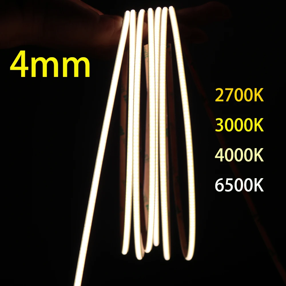 Superdünne COB-LED-Streifenlichter, 4 mm, 480 LEDs/m, flexible lineare Lichtleiste, Band, Diodenband, Warmweiß, 5000 K, 3500 K, dimmbar