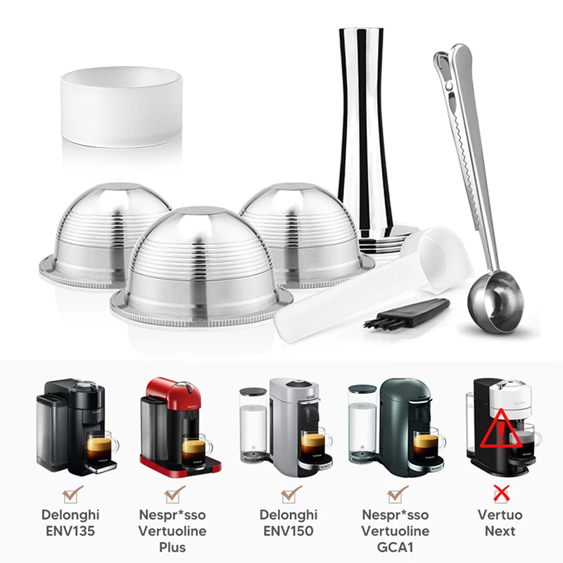 Wiederverwendbare Kapselkapsel für Nespresso Vertuo Vertuoline Kaffeemaschine, Edelstahl, nachfüllbar, Espresso-Kaffeefilter, Tamper