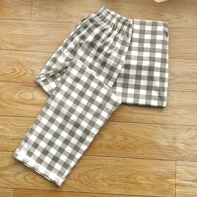 Sommer Frühling Gestrickte Baumwolle Herren Plaid Nachtwäsche Hosen Lose Weiche Lange Hosen Homewear Image