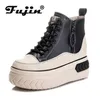 Fujin High Top Frauen Schuhe Aus Echtem Leder 8cm Plattform Stiefel Knöchel Keil Versteckte Ferse Zip Herbst Warme Pelz Winter schuhe Turnschuhe