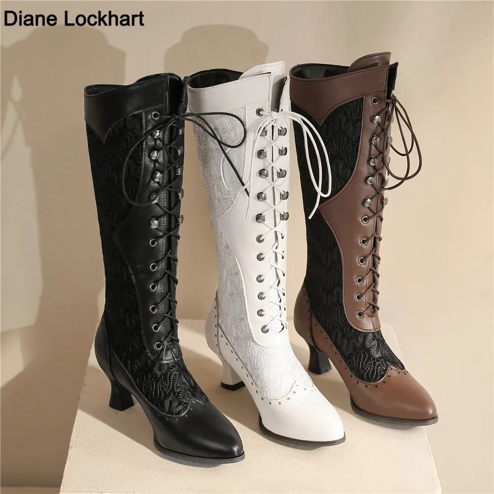 Frauen Viktorianischen Spitz Mitte Der Wade Stiefel Leder Spitze Aushöhlen Punk Lace Up Seltsame Steampunk High Heel Schuhe Plus größe 32-43