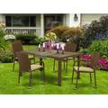 East West Furniture JUJU5-02A 5Pc Outdoor-Furniture Brown Wicker Dining Set Includes a Patio Table and 4 Balcony Backyard Armchair with Linen Fabric Cushion