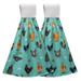 WIRESTER Set 2 Pcs Kitchen Hanging Towel 12 x 17 Hand Tie Towels Dish Cloths Dry Towel for Bathroom Laundry Room Decor - Barnyard Chicken Roosters Teal Background