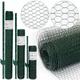 Wire Netting Fence + Metal Fence Posts Hexagonal Chicken Wire Height 1m Mesh 25x25mm Roll 10m Incl 8 Fence Posts Poles Height 140cm Green PVC Coated